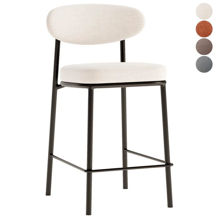 A modern bar stool with a metal frame and upholstered seat and backrest. The frame consists of four slender legs connected by a footrest. — 3D model