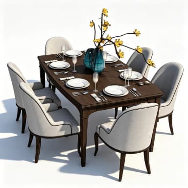 A complete dining set featuring a rectangular dark wood table with a classic profile and six matching upholstered dining chairs. The chairs are covered in a light-colored fabric with prominent dark piping detail along the edges and are supported by dark wooden legs that complement the table's finish. The table is presented fully set with white dinnerware, glassware, and cutlery, and is adorned with two teal decorative vases containing yellow floral branches. — 3D model