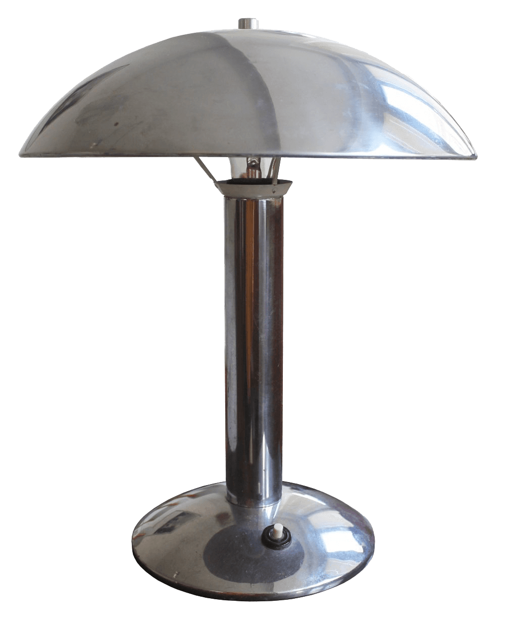 A modern table lamp with a polished metal finish. It features a wide, domed shade supported by a cylindrical stem rising from a circular base. A single switch is visible on the base. — 3D model