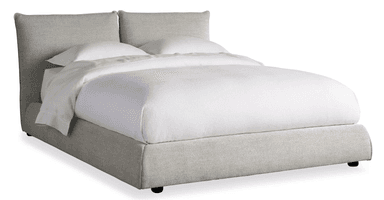 A modern upholstered platform bed featuring a light grey woven fabric. The bed includes an integrated, soft-edged headboard and a low-profile frame, supported by subtle recessed dark feet. It is shown with white bedding. — 3D model