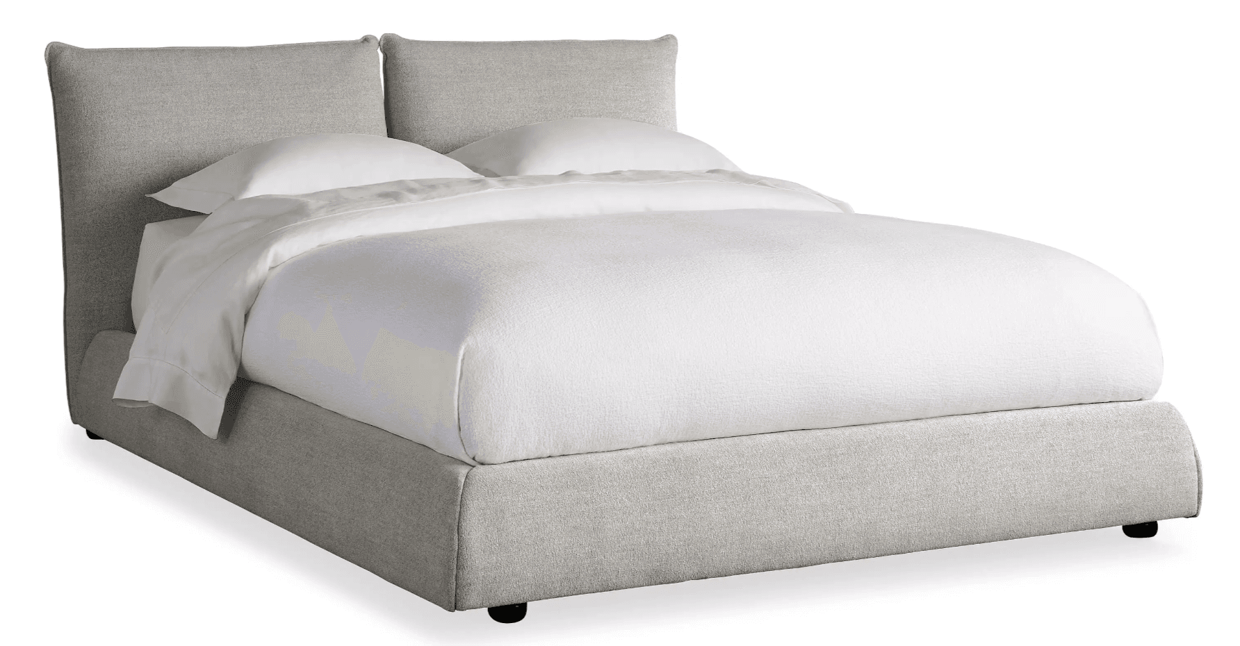 A modern upholstered platform bed featuring a light grey woven fabric. The bed includes an integrated, soft-edged headboard and a low-profile frame, supported by subtle recessed dark feet. It is shown with white bedding. — 3D model