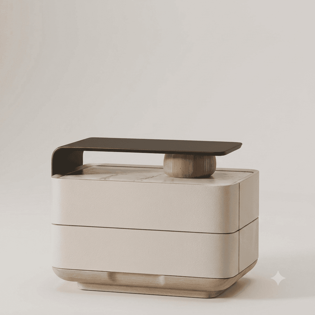 A contemporary nightstand featuring a multi-layered design. It has a cream-colored textured finish, possibly leather or faux leather, forming the main body with two visible storage sections. The top surface appears to be white marble or a similar stone, partially covered by a dark, possibly metal, cantilevered shelf. The base is light-toned wood, and a small wooden decorative element sits on the marble top. The overall aesthetic is minimalist and modern with rounded edges. — 3D model