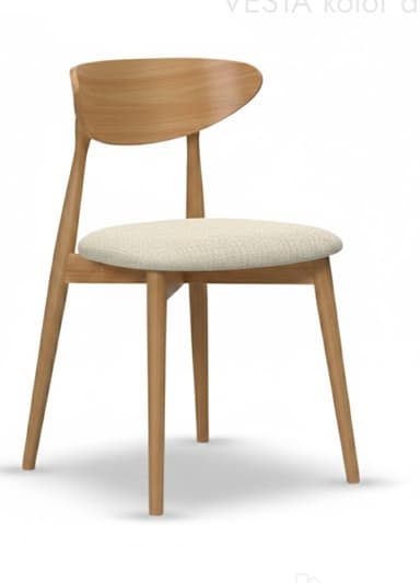 A light natural wood chair featuring a curved, non-upholstered backrest and a padded, upholstered seat in a light cream fabric. The chair has a minimalist design with tapered, splayed legs. — 3D model