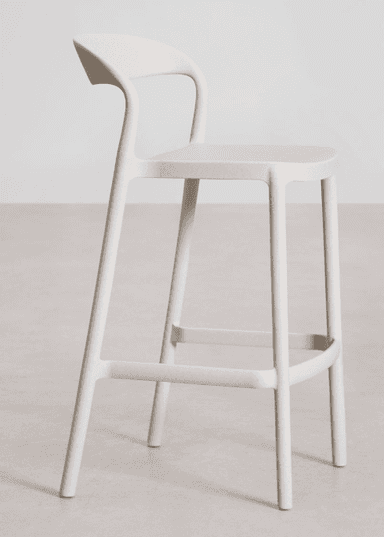 A contemporary bar stool with a curved backrest and a molded seat. The stool has four straight legs connected by stretchers for added stability. The overall design is minimalist and modern. — 3D model