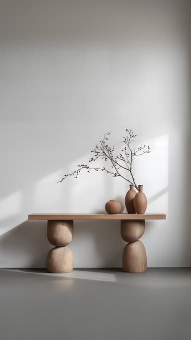 A modern and minimalist wooden bench featuring a rectangular top supported by two large, bulbous cylindrical bases. The entire piece is rendered in a light, natural wood tone with a smooth finish, emphasizing its sculptural form. — 3D model
