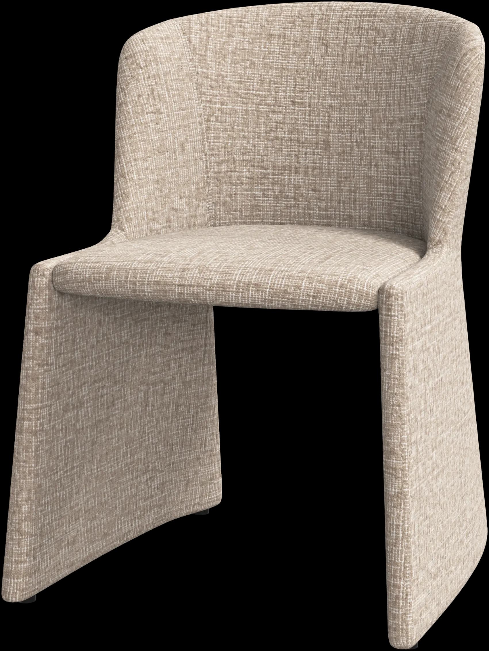 A contemporary armless dining chair with a fully upholstered design, featuring a light beige textured woven fabric that covers the entire structure, including the integrated base and curved backrest. — 3D model