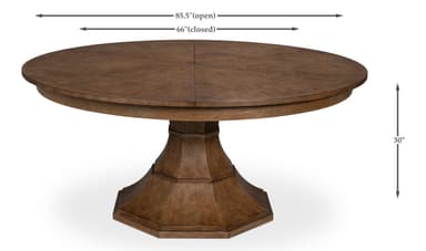 A round dining table with a pedestal base. The tabletop is constructed from segmented wooden panels arranged in a starburst pattern. The pedestal base is octagonal and has a faceted design. The wood exhibits a visible grain texture and a medium brown finish. — 3D model