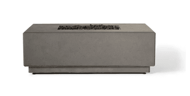A rectangular outdoor fire pit constructed from dark gray concrete, featuring an inset central burner area filled with dark lava rocks. A subtle, integrated access panel is visible on one side. The unit rests on a slightly elevated, recessed base. — 3D model