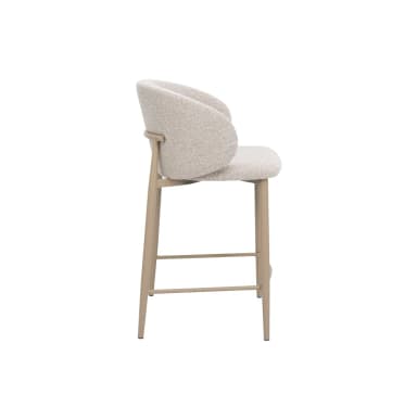 A modern bar stool with a rounded, upholstered seat and backrest. The frame consists of four slender, tapered legs connected by a subtle crossbar near the base and a curved element supporting the backrest. The upholstery features a textured, woven fabric. — 3D model