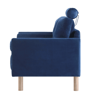 A modern two-seater loveseat featuring navy blue velvet upholstery and an exposed light-toned wooden frame. The loveseat includes two back cushions, two seat cushions, two cylindrical bolster pillows integrated into the arms, and a single removable, adjustable headrest cushion. The frame consists of horizontal wooden rails supporting the upholstered body and four round, tapered wooden legs. — 3D model