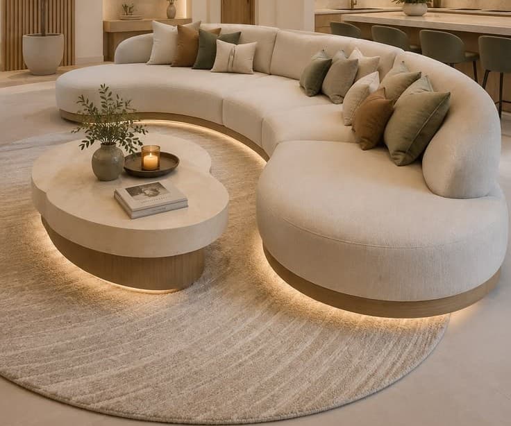 A contemporary curved modular sectional sofa in a light beige fabric, featuring a wooden base with subtle integrated lighting. It is configured with multiple curved sections and an ottoman-like extension, accompanied by an organically shaped, two-tiered coffee table with a matching wooden base and lighting. — 3D model