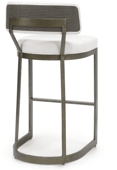 A modern bar stool featuring an aged brass metal frame and white upholstered seat and backrest, with a distinctive U-shaped sled base. — 3D model