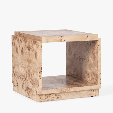 A contemporary cube-shaped side table crafted from light-toned burl wood veneer, featuring an open central compartment for storage or display. — 3D model
