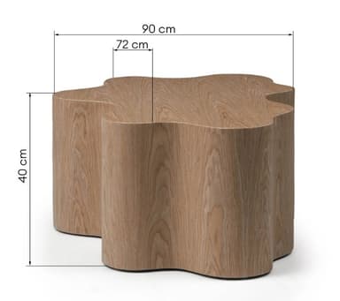 A low, organic-shaped coffee table made of light-colored wood. The table features a wavy, curvilinear outline for both its top surface and its solid block-like base, giving it a sculptural appearance. Dimensions are indicated as 90 cm wide, 72 cm deep, and 40 cm high. The wood grain is visible throughout its surface. — 3D model