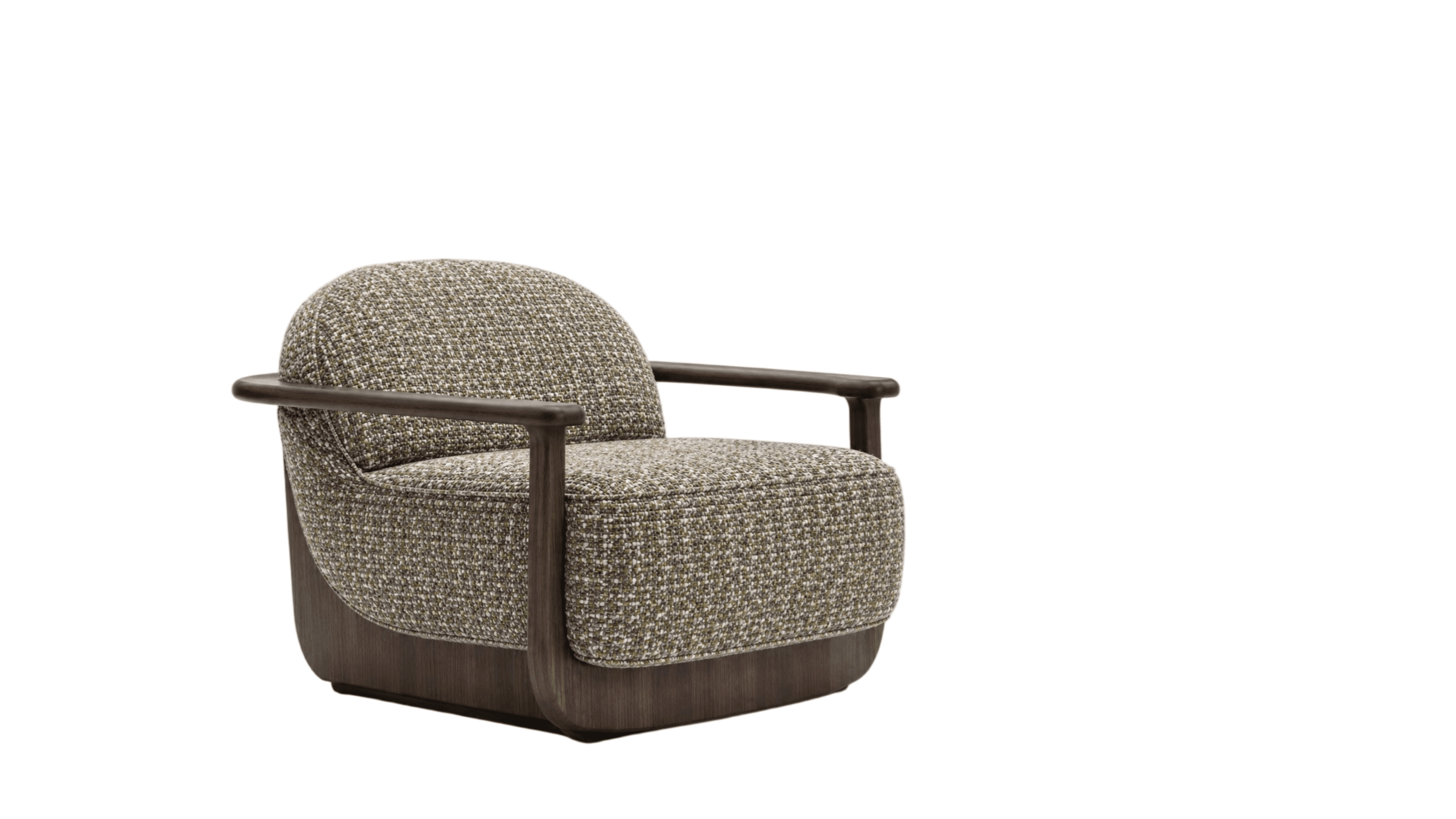 A contemporary armchair featuring a rounded, upholstered body set atop a curved wooden base, complemented by exposed wooden armrests. The upholstery is a textured mélange fabric in shades of brown, green, and cream. — 3D model