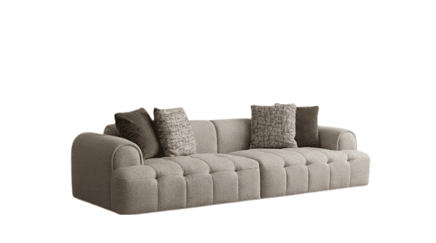 A long, low-profile sofa with multiple seat cushions and a tufted design. The sofa features rounded armrests and is adorned with throw pillows of varying textures and colors. — 3D model
