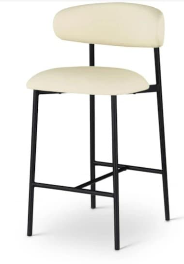 A contemporary bar stool featuring a minimalist black metal frame and two cream-colored upholstered cushions forming the circular seat and backrest. The frame includes an integrated rectangular footrest. The design is sleek and modern. — 3D model