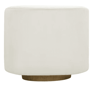 A contemporary barrel swivel armchair featuring a deeply curved, enveloping form upholstered in a cream-colored fabric, supported by a circular wooden plinth base. — 3D model