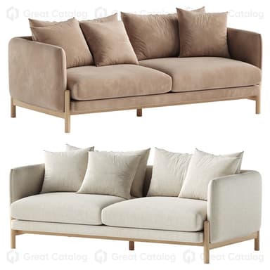 A contemporary two-seater sofa featuring soft beige velvet upholstery and an exposed light wood frame. It includes multiple loose back and throw cushions, and has rounded armrests. — 3D model