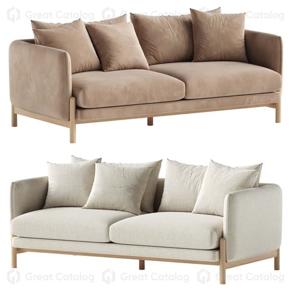 A contemporary two-seater sofa featuring soft beige velvet upholstery and an exposed light wood frame. It includes multiple loose back and throw cushions, and has rounded armrests. — 3D model