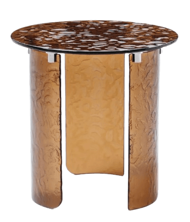 A contemporary round accent table featuring a dark, mottled brown tabletop and three curved, amber-toned, textured glass panels forming the base. The panels are attached to the tabletop with minimalist silver-colored metal brackets. The overall design emphasizes material texture and a sculptural form. — 3D model
