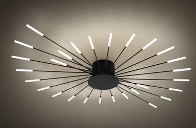 A contemporary Sputnik-style chandelier featuring a central black matte base from which numerous slender black metal arms radiate outwards. Each arm terminates in a small brass accent and holds a frosted cylindrical light diffuser. The design evokes a starburst or atomic aesthetic, combining modern and mid-century influences. — 3D model