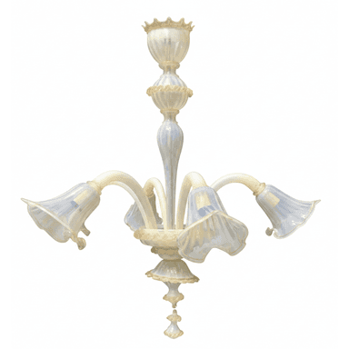 A decorative chandelier with multiple arms, each ending in a bell-shaped glass shade. The central body features stacked elements, with rope-like detailing on one section. The overall design suggests an ornate style. — 3D model