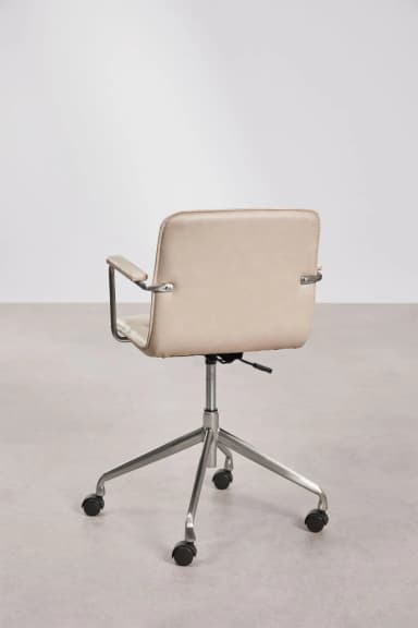 A modern office chair with a light beige upholstered seat and backrest, supported by a polished metal five-star base with casters. The chair features armrests with a similar metal frame and upholstered pads. A lever for height adjustment is visible beneath the seat. — 3D model