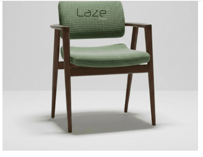 A mid-century modern style armchair featuring a dark wood frame and light green textured fabric upholstery on the seat and backrest. The chair has a sleek design with tapered legs and gently curved armrests. The seat and backrest appear to 'float' within the wooden frame, with the backrest slightly separated from the frame's top rail. — 3D model