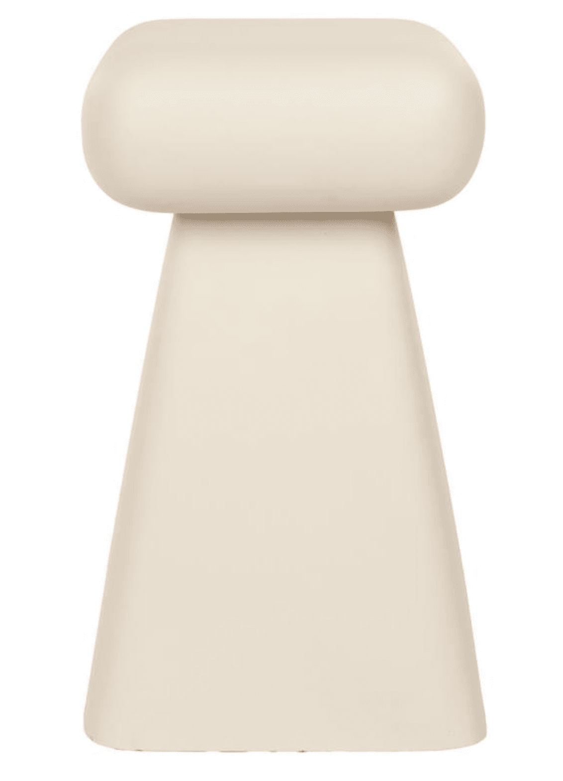 A modern, minimalist side table featuring a smooth, elongated rounded top and a solid, tapering conical base, rendered in a uniform cream or off-white finish. — 3D model