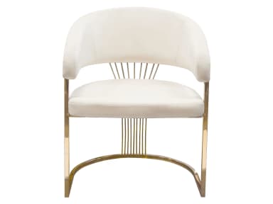 A contemporary accent chair featuring a polished gold-finished metal frame and cream-colored upholstered seat and backrest. The chair has a distinctive curved silhouette with an open, fanned wire-rod design on the back, while the front legs form a continuous U-shape. — 3D model