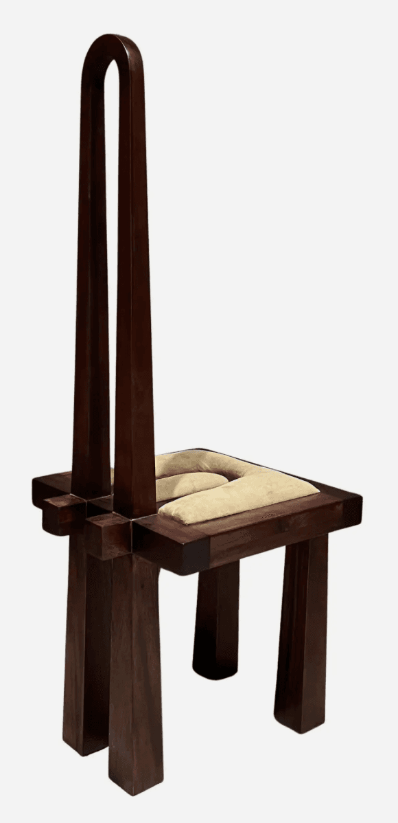 A distinctive high-back chair featuring a dark brown wooden frame and a light beige U-shaped upholstered seat cushion. The backrest is formed by two exceptionally tall, slender, U-shaped wooden elements that extend far above the seat. The frame has a blocky, architectural construction with integrated armrests defined by the seat structure. Its design is highly sculptural and unconventional. — 3D model