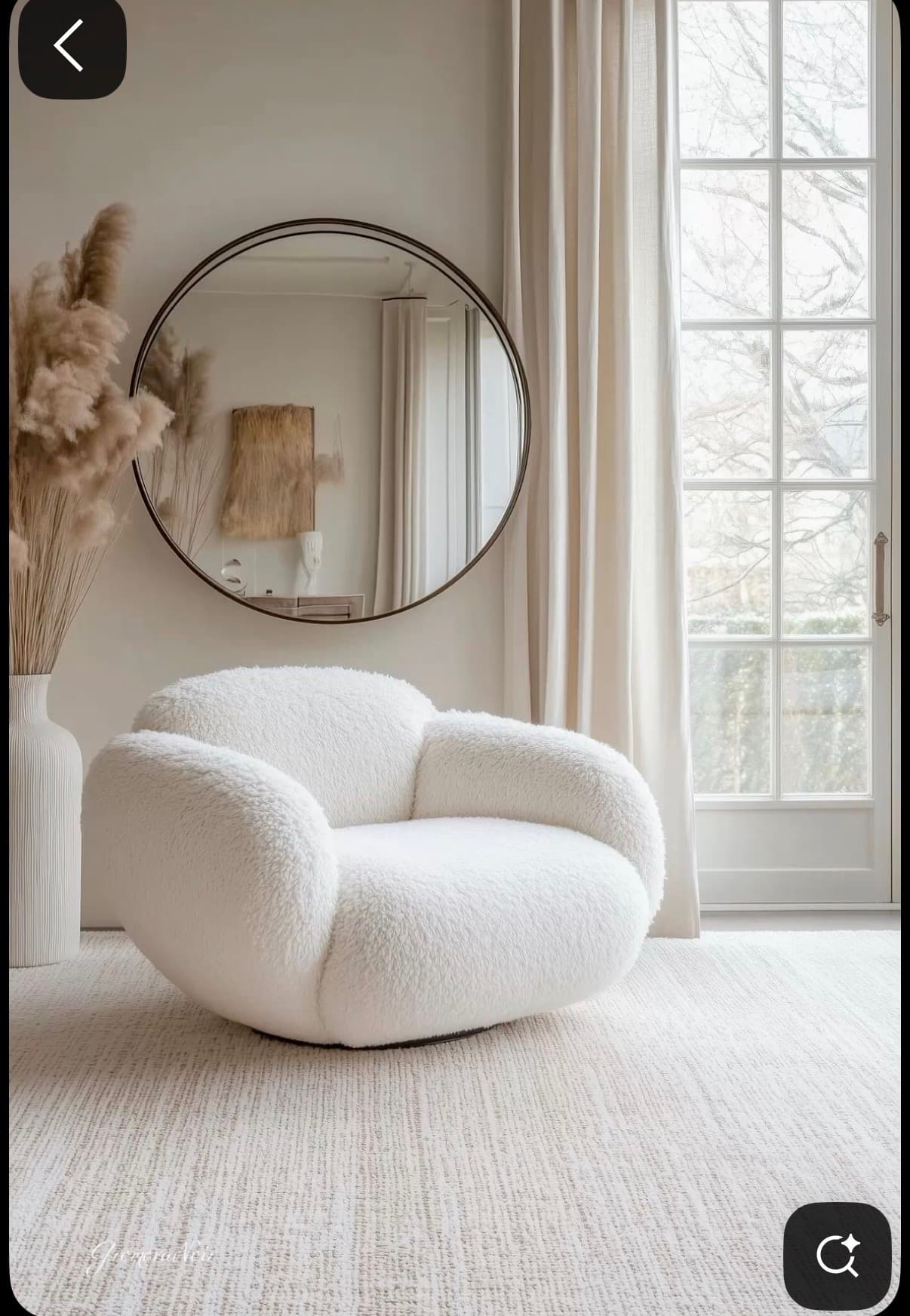 A contemporary white lounge chair upholstered in a textured boucle fabric, featuring a rounded, sculptural, and legless design. — 3D model