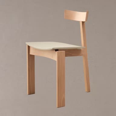 A modern dining chair with a curved backrest and a gently contoured seat. The chair features a wooden frame constructed from light-colored wood. The seat appears to be made of a contrasting material, possibly a molded plastic or a light-colored wood veneer, and is set within the wooden frame. The backrest is also wood and curves upward from a central vertical support. The legs are straight and tapered slightly. — 3D model