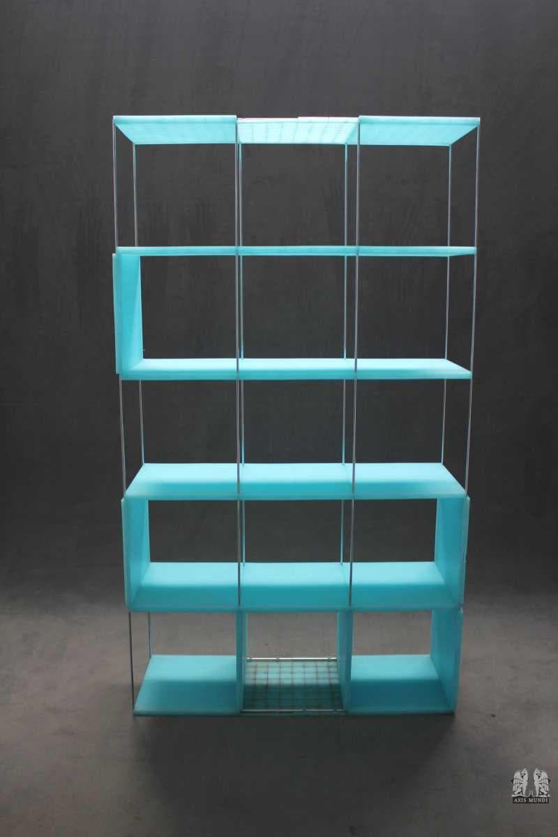 A modern, open shelving unit with a metallic frame and bright blue, rectangular compartments. The unit features multiple shelves arranged in a grid-like structure, with some compartments being fully enclosed and others open. The frame appears to be made of thin metal rods, providing a minimalist aesthetic. — 3D model