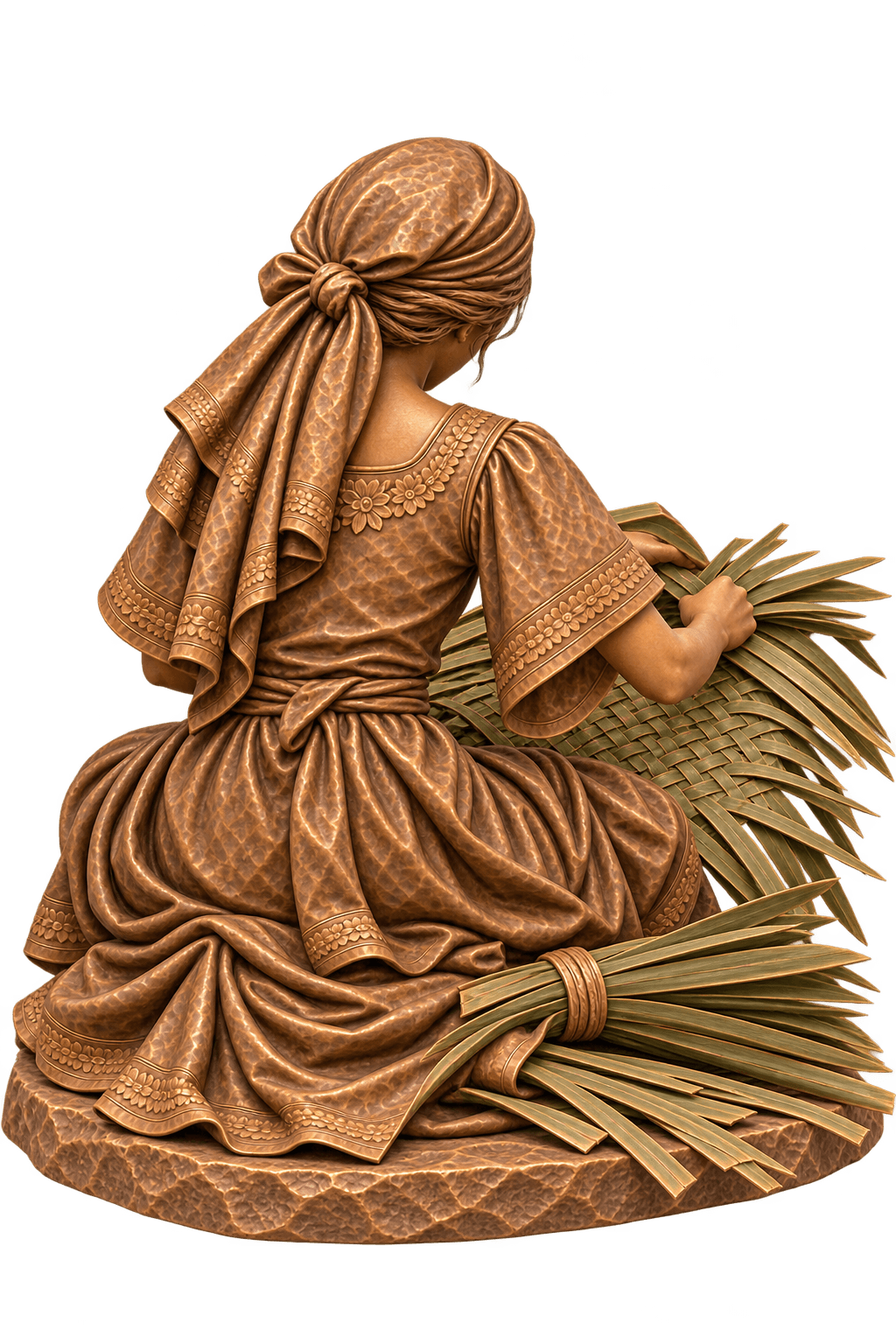 A detailed, figurative sculpture of a woman in traditional attire, viewed from the back, actively weaving palm leaves. The sculpture is predominantly carved from a material resembling wood, with intricate textures replicating fabric on her dress and headscarf. The palm leaves being woven are rendered in a slightly different hue, suggesting distinct material or finish, and the base also features a carved pattern. — 3D model