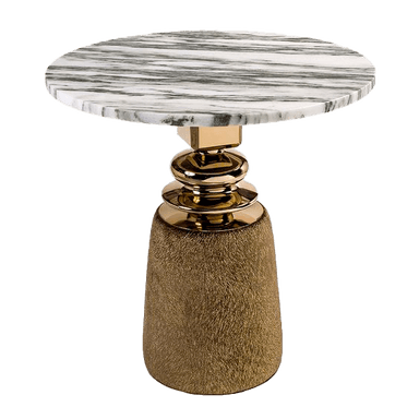 A small accent table featuring a round white marble top with grey veining, a polished gold/brass central stem with stacked ring details, and a conical base covered in a textured bronze/gold material. — 3D model