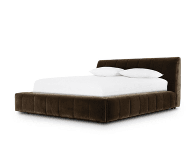 A modern platform bed featuring a low-profile design and complete upholstery in a dark brown velvet-like fabric. Both the headboard and the surrounding frame exhibit prominent vertical channel tufting, creating a textured and structured appearance. The bed is presented with white bedding, emphasizing its deep color and plush texture. — 3D model