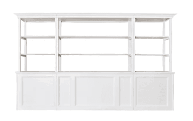 A large, multi-tiered white shelving unit with open shelves in the upper section and paneled base cabinets in the lower section, featuring traditional design elements. — 3D model