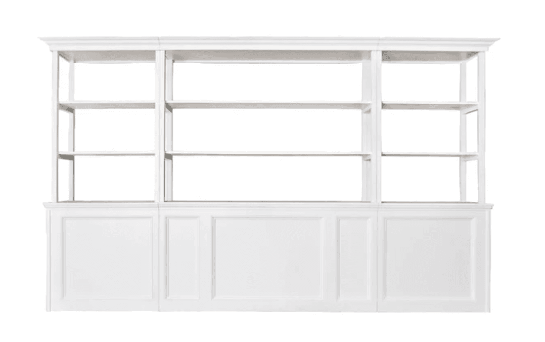 A large, multi-tiered white shelving unit with open shelves in the upper section and paneled base cabinets in the lower section, featuring traditional design elements. — 3D model