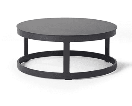 A minimalist, round coffee table constructed entirely from matte black metal. The table features a solid circular top with a subtle raised edge, supported by a geometric base consisting of multiple vertical struts connected to a circular ring on the floor. Its low-profile design and monochromatic finish contribute to a modern aesthetic. — 3D model