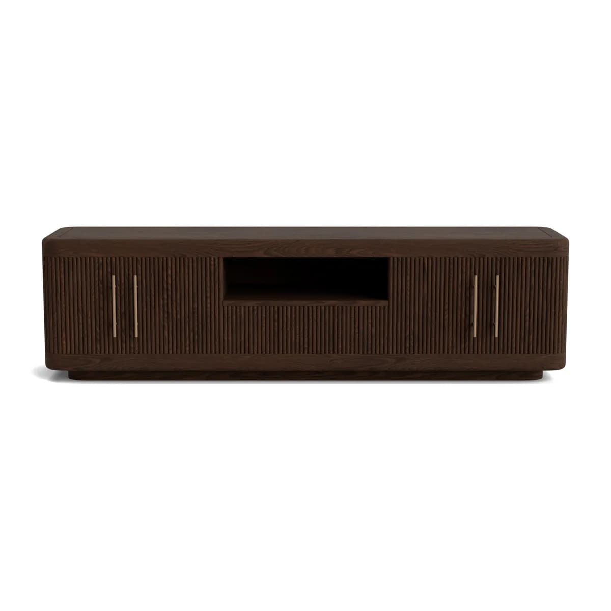 A dark brown wood media console featuring fluted panel doors on either side of a central open shelf compartment, and subtle vertical metal bar handles. It has a low-profile design with rounded corners and a recessed plinth base. — 3D model