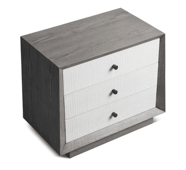 A contemporary nightstand with a distinctive design. It features a grey-toned wooden frame with a weathered texture and a contrasting white front panel. The front is composed of three drawers, each with a small, round, brown knob for a handle. The nightstand is elevated by a solid base with a beveled edge. — 3D model