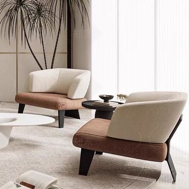 A compact, contemporary upholstered tub chair featuring a two-tone design with a beige/cream back and armrests, and a brown/taupe seat, supported by dark, tapered legs. — 3D model