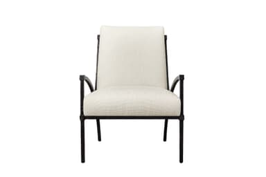 An armchair with a dark, textured forged iron frame and light-colored upholstered seat and back, featuring a transitional design. — 3D model