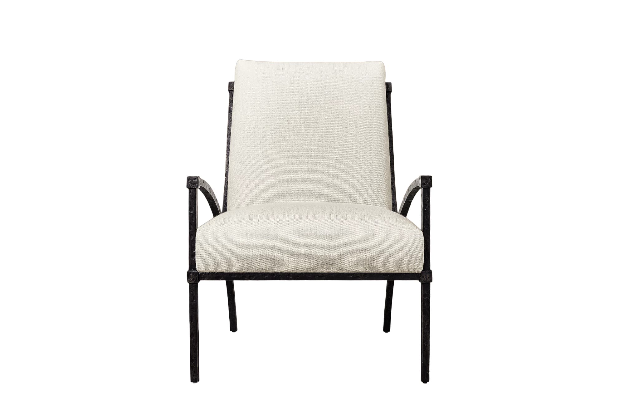 An armchair with a dark, textured forged iron frame and light-colored upholstered seat and back, featuring a transitional design. — 3D model