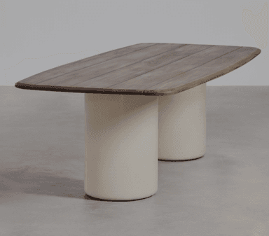 A modern rectangular dining table featuring a slatted wood tabletop with rounded corners, supported by two cylindrical pedestal bases in a contrasting off-white finish. — 3D model
