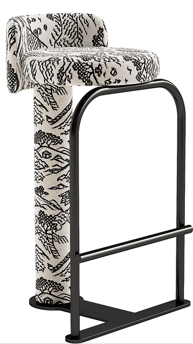 A contemporary bar stool featuring an upholstered seat and backrest in a cream and black patterned fabric, supported by a minimalist black metal frame with an integrated footrest. — 3D model