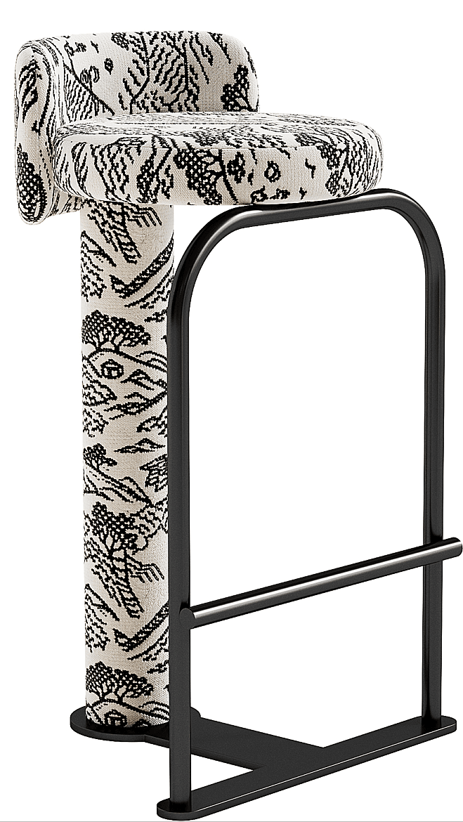 A contemporary bar stool featuring an upholstered seat and backrest in a cream and black patterned fabric, supported by a minimalist black metal frame with an integrated footrest. — 3D model