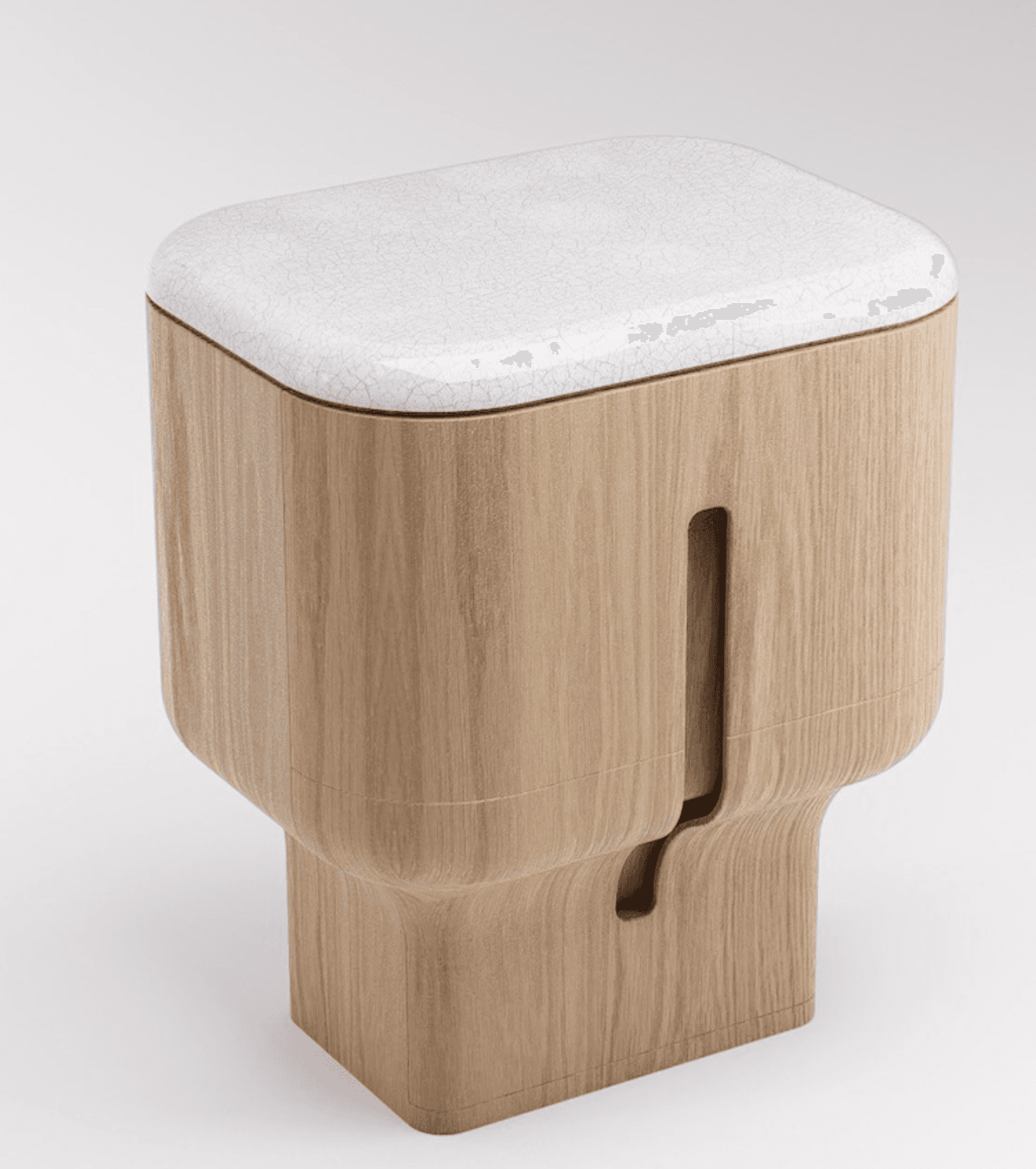 A modern, light-colored wooden stool or small side table with a square, slightly rounded white ceramic top. The body has a sculptural form, wider at the top and tapering to a narrower base before slightly flaring out at the very bottom. A vertical, irregular slot detail is present on one side. The wood grain is visible and appears natural. The ceramic top features a crackle glaze finish. — 3D model